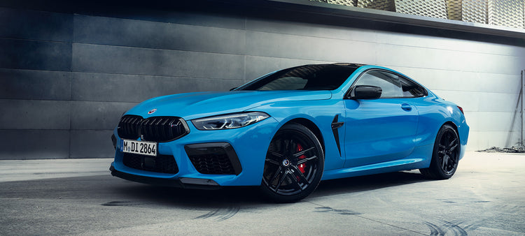 BMW M8 Competition Coupe – digital vector pre-cut pattern download for PPF and wrap installers, shown in vibrant blue color.