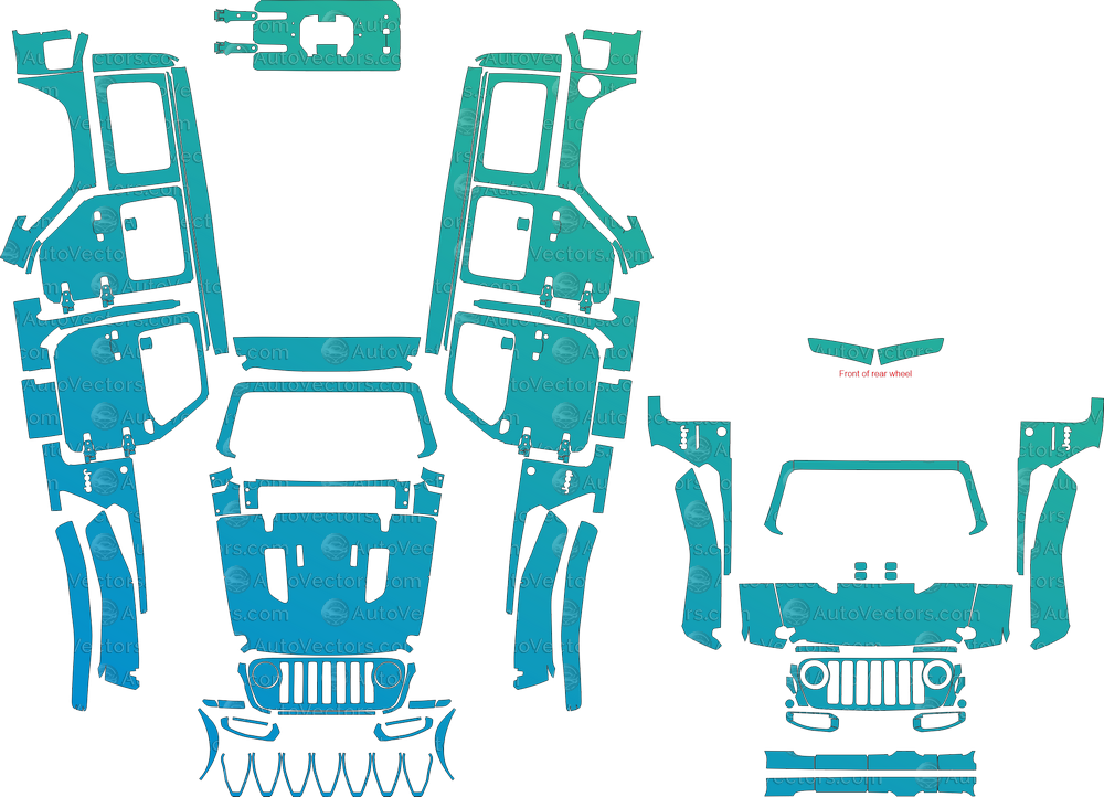 Jeep Wrangler JL Rubicon 4-Door (2018–2023) pre-cut vector pattern digital file download (CDR, AI, SVG) for PPF or vinyl wrap cutting template.