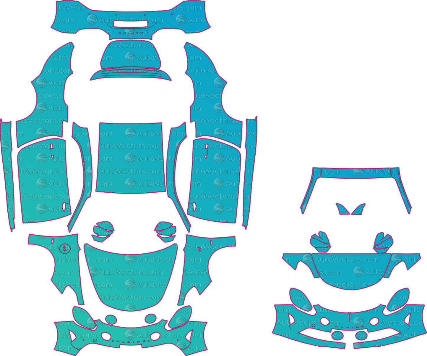Alpine A110 GT Facelift (From 2022) Coupe Pre-Cut PPF Pattern Templates – pre-cut PPF pattern templates, digital download vector files (CDR, AI, PDF, DXF, SVG)