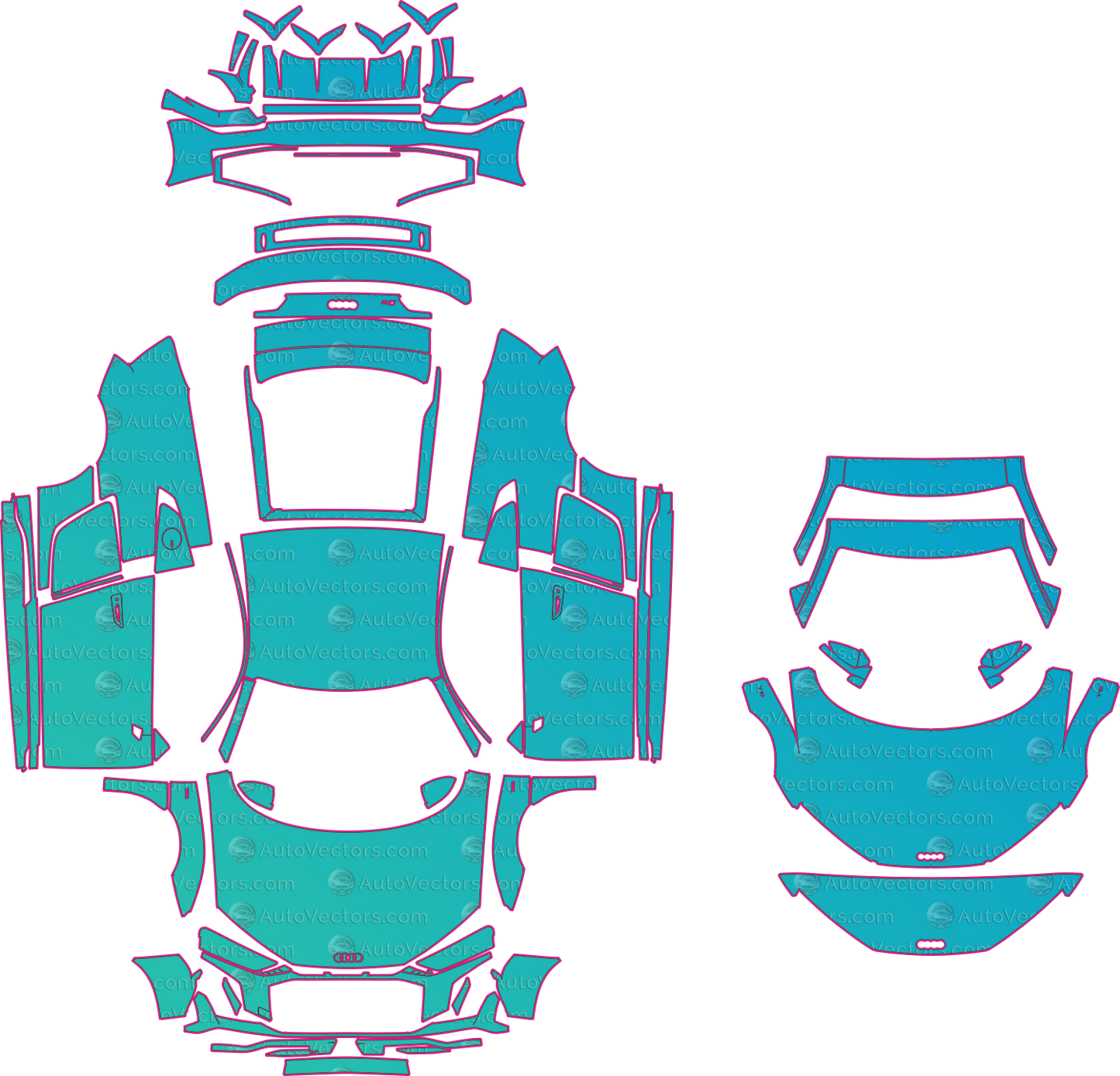 Audi R8 4S Facelift (2019-2024) Coupe Pre-Cut PPF Pattern Templates – pre-cut PPF pattern templates, digital download vector files (CDR, AI, PDF, DXF, SVG)