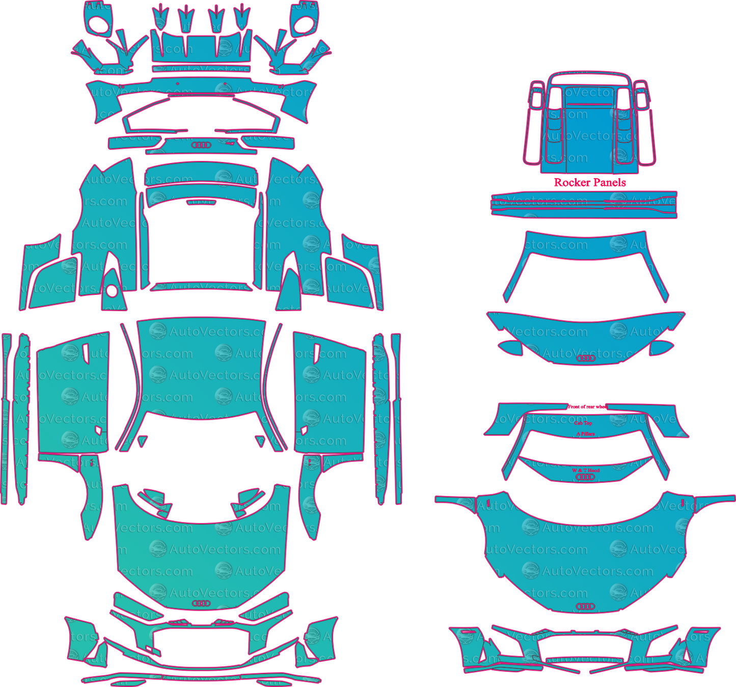 Audi R8 4S V10 Performance (From 2019) Coupe Pre-Cut PPF Pattern Templates – pre-cut PPF pattern templates, digital download vector files (CDR, AI, PDF, DXF, SVG)