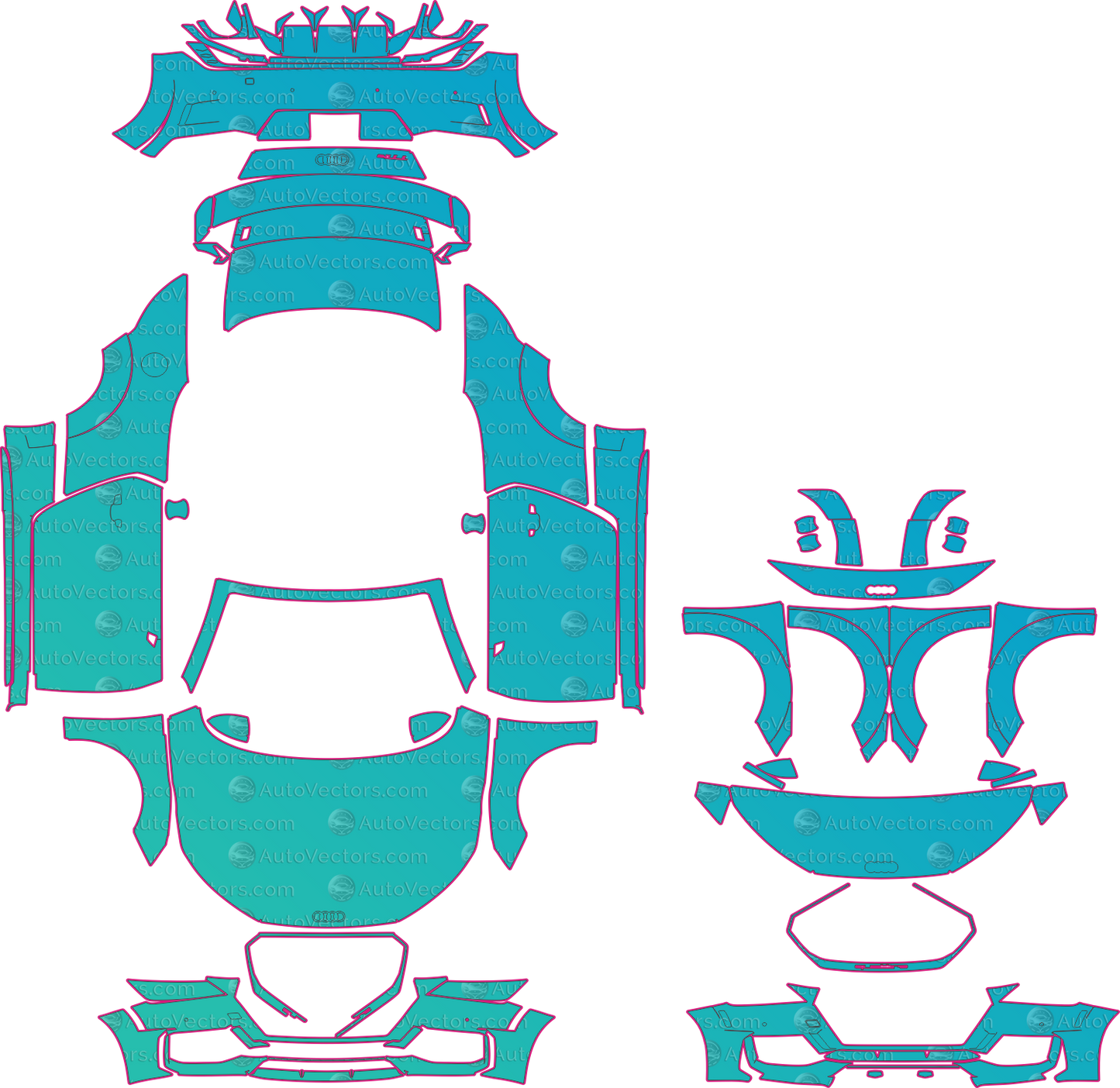 Audi TT RS 8S Facelift (2019-2023) Convertible Pre-Cut PPF Pattern Templates – pre-cut PPF pattern templates, digital download vector files (CDR, AI, PDF, DXF, SVG)