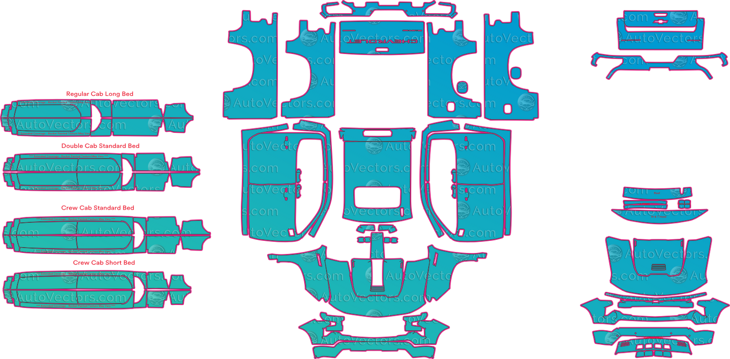 Chevrolet Silverado 1500 Custom Trail Boss (From 2023) Pickup Pre-Cut PPF Pattern Templates – pre-cut PPF pattern templates, digital download vector files (CDR, AI, PDF, DXF, SVG)