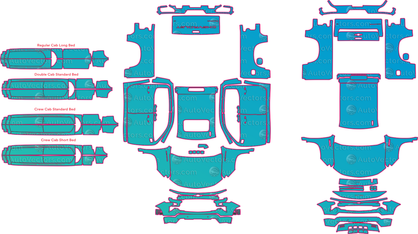 Chevrolet Silverado 1500 LT (From 2023) Pickup Pre-Cut PPF Pattern Templates – pre-cut PPF pattern templates, digital download vector files (CDR, AI, PDF, DXF, SVG)