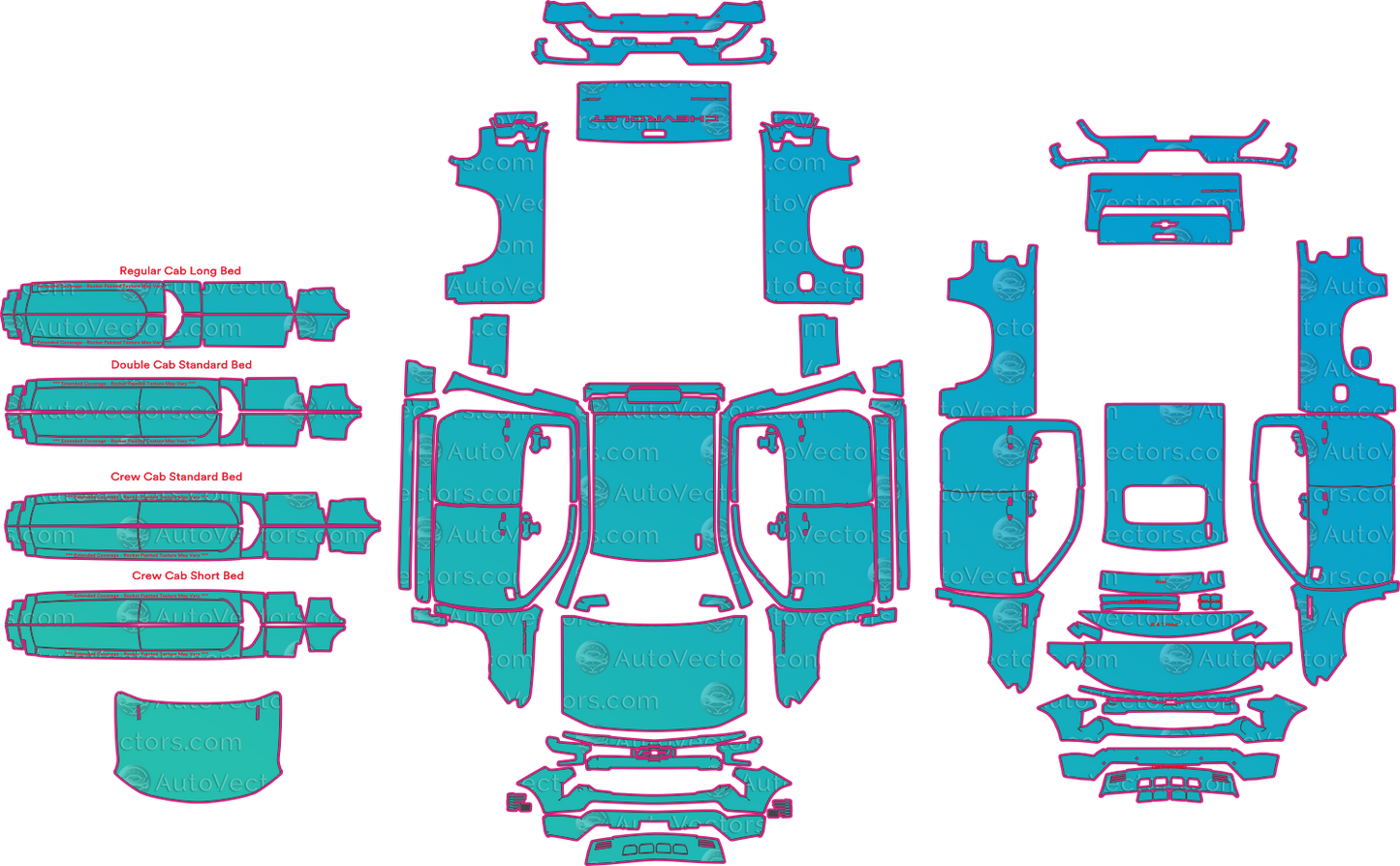 Chevrolet Silverado 1500 RST-LTZ (From 2023) Pickup Pre-Cut PPF Pattern Templates – pre-cut PPF pattern templates, digital download vector files (CDR, AI, PDF, DXF, SVG)