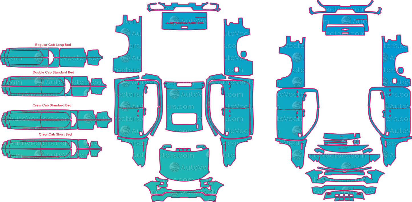 Chevrolet Silverado 1500 WT (From 2023) Pickup Pre-Cut PPF Pattern Templates – pre-cut PPF pattern templates, digital download vector files (CDR, AI, PDF, DXF, SVG)