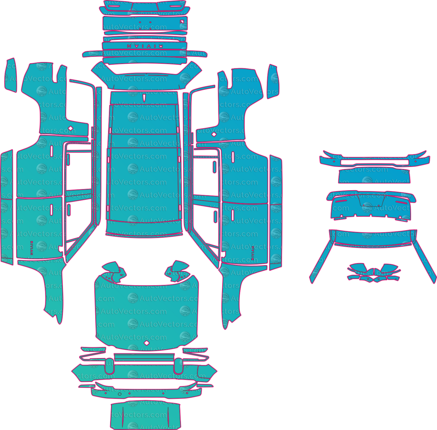 Rivian R1S Base (From 2026) SUV Pre-Cut PPF Pattern Templates – pre-cut PPF pattern templates, digital download vector files (CDR, AI, PDF, DXF, SVG)