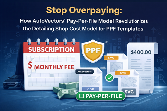 Stop overpaying for PPF templates concept showing subscription monthly fee vs AutoVectors pay-per-file model with editable vector files (AI, CDR, SVG) and cost savings visualization