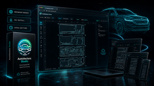 AutoVectors Studio, free online PPF template software, open in a browser with a vehicle template nested across four worksheets, shown on a laptop, a tablet and a phone