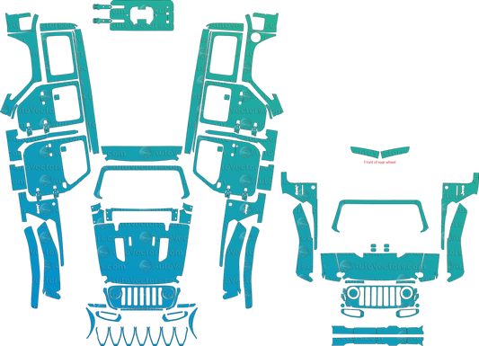 Jeep Wrangler JL Rubicon 4-Door (2018–2023) pre-cut vector pattern digital file download (CDR, AI, SVG) for PPF or vinyl wrap cutting template.
