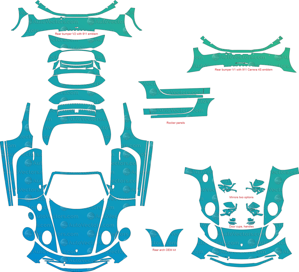 Porsche 911 (992) Carrera, S, 4, 4S (From 2022) Cabriolet Full kit PRE-CUT PPF & wrap pattern – 1:1 vector file download.