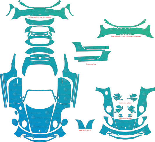 Porsche 911 (992) Carrera, S, 4, 4S (From 2022) Cabriolet Full kit PRE-CUT PPF & wrap pattern – 1:1 vector file download.