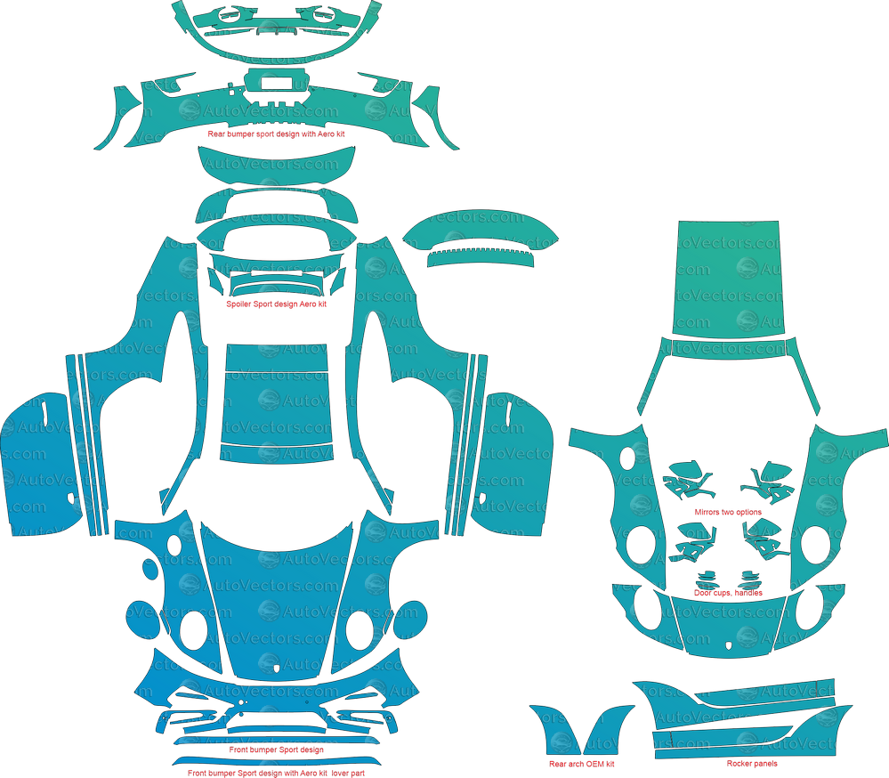 Porsche 911 (992) Carrera S, 4S Sport Design and Aero kit (From 2020) Coupe Full kit PRE-CUT PPF & wrap pattern – 1:1 vector file download.