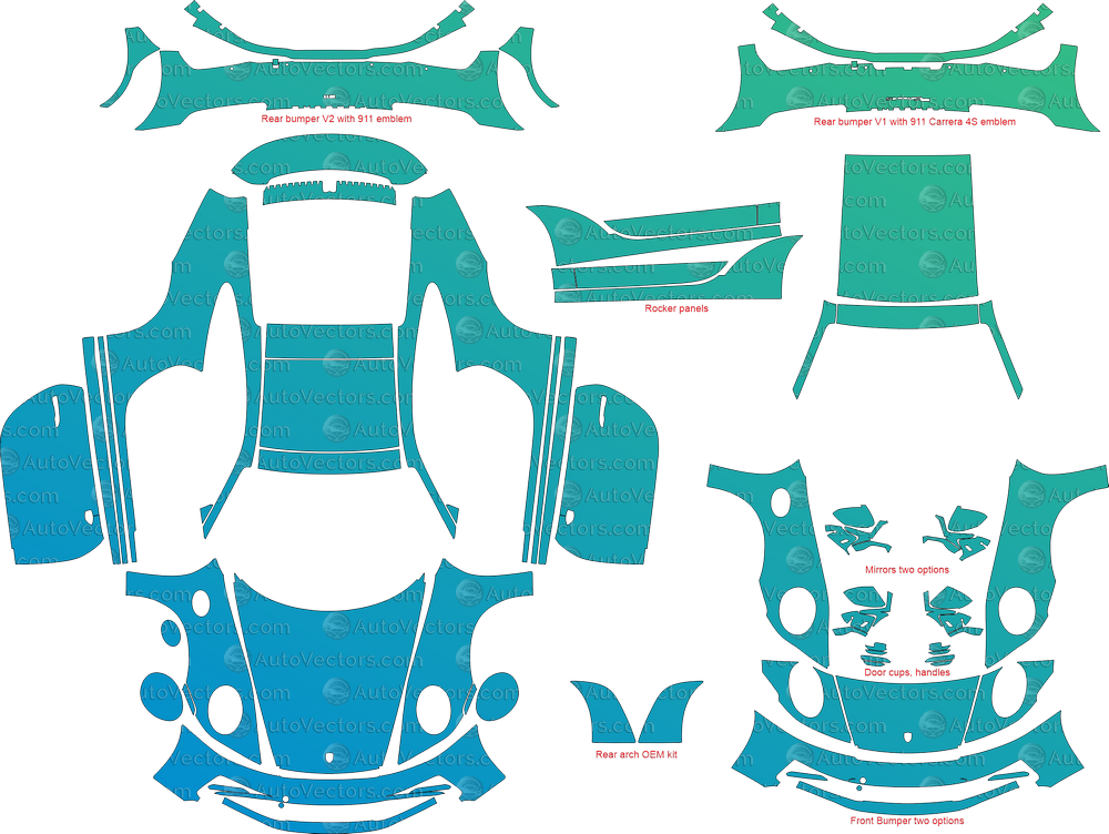 Porsche 911 (992) Carrera, S, 4, 4S, T  (From 2020) Coupe PRE-CUT PPF & wrap pattern – 1:1 vector file download.