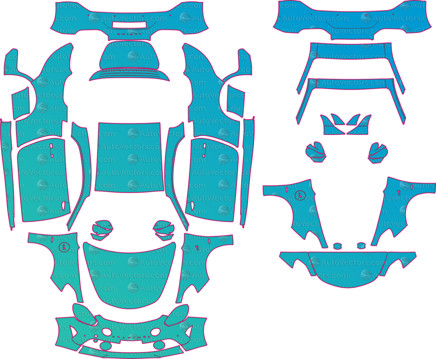 Alpine A110 AEF S Facelift (From 2022) Coupe Pre-Cut PPF Pattern Templates – pre-cut PPF pattern templates, digital download vector files (CDR, AI, PDF, DXF, SVG)