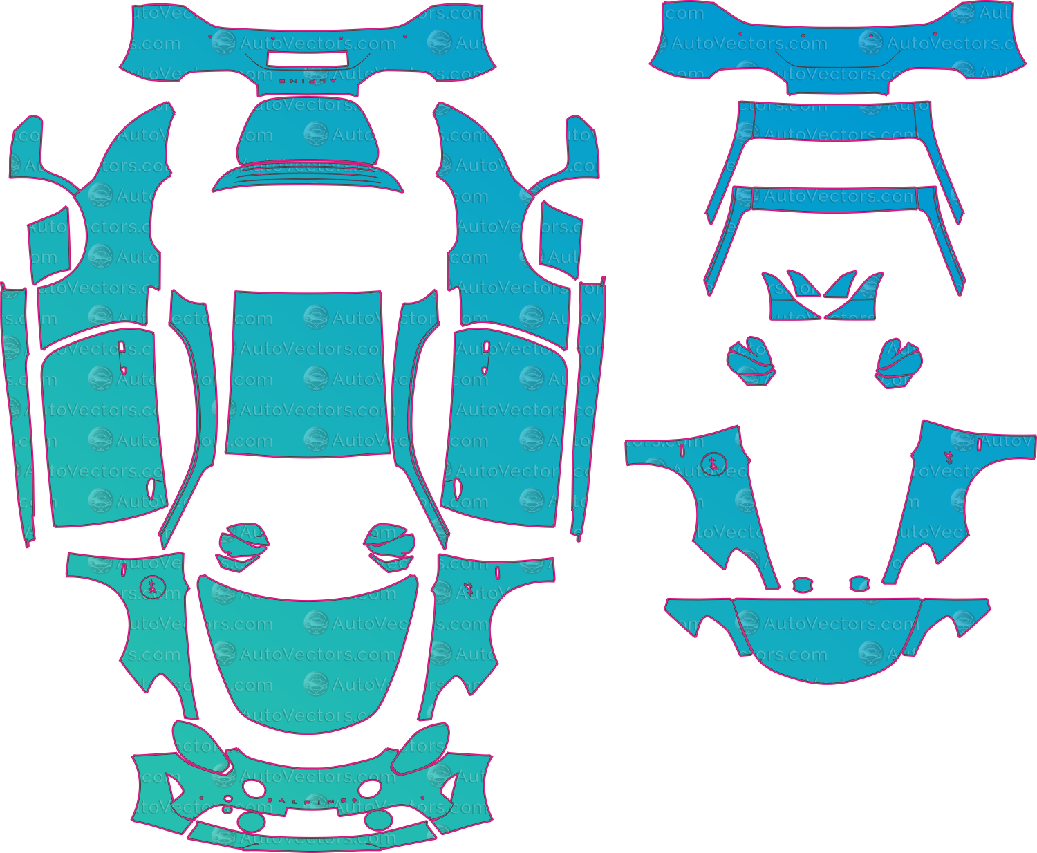 Alpine A110 AEF S Facelift (From 2022) Coupe Pre-Cut PPF Pattern Templates – pre-cut PPF pattern templates, digital download vector files (CDR, AI, PDF, DXF, SVG)