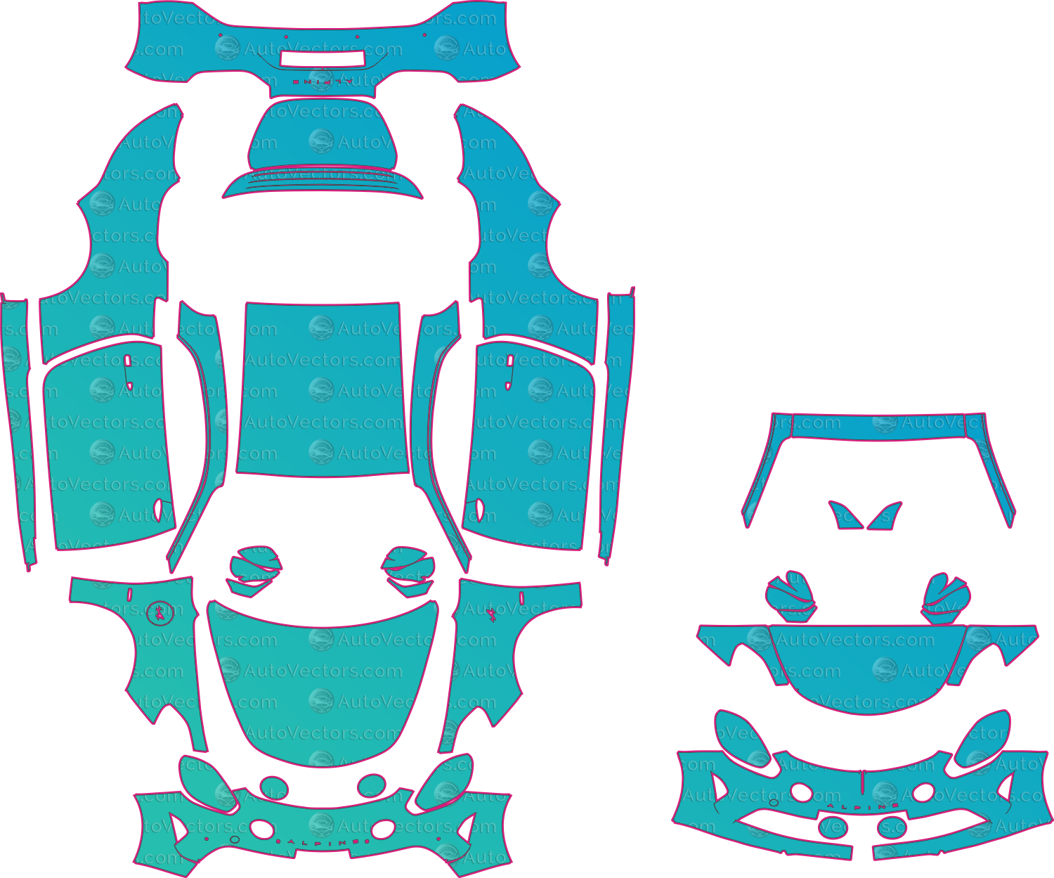 Alpine A110 GT Facelift (From 2022) Coupe Pre-Cut PPF Pattern Templates – pre-cut PPF pattern templates, digital download vector files (CDR, AI, PDF, DXF, SVG)