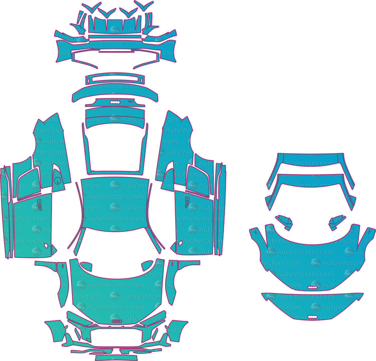 Audi R8 4S Facelift (2019-2024) Coupe Pre-Cut PPF Pattern Templates – pre-cut PPF pattern templates, digital download vector files (CDR, AI, PDF, DXF, SVG)