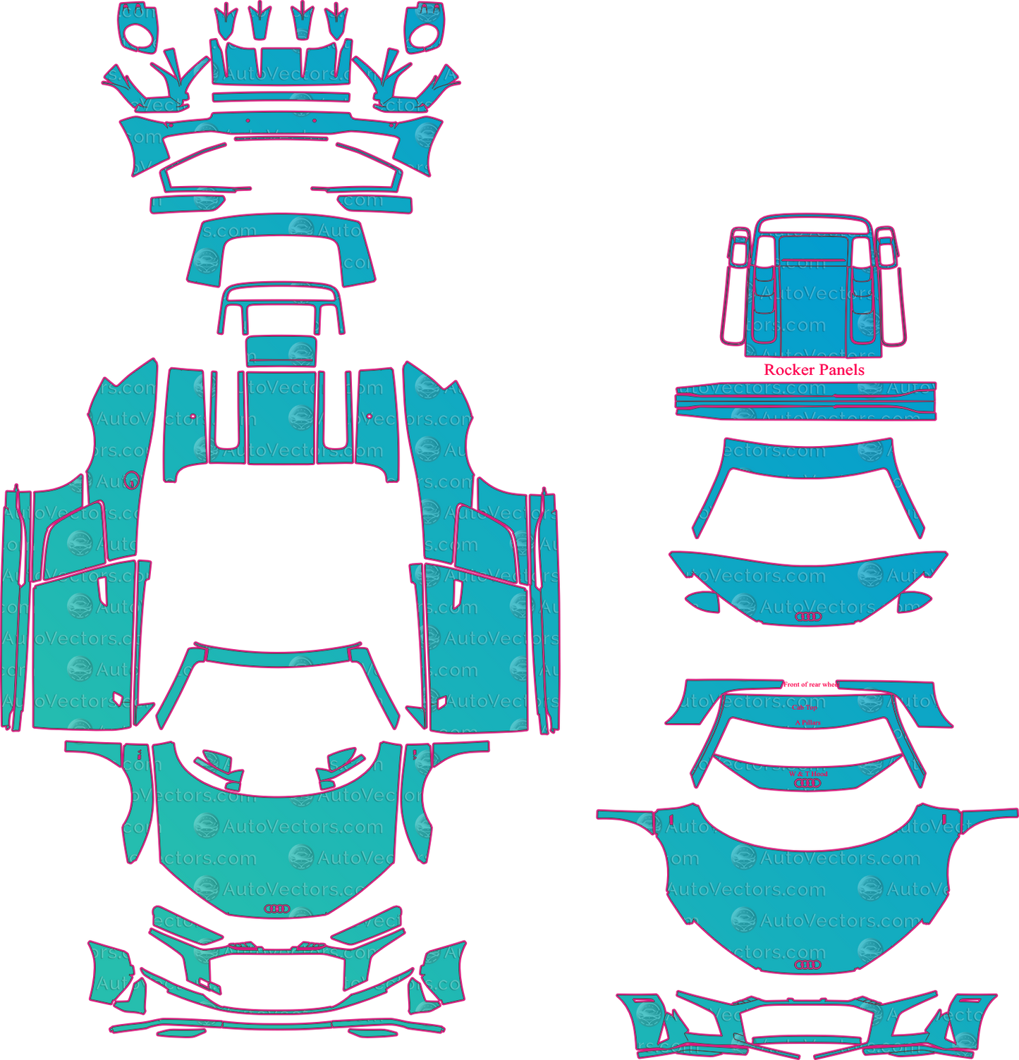Audi R8 4S V10 (From 2019) Spyder Pre-Cut PPF Pattern Templates – pre-cut PPF pattern templates, digital download vector files (CDR, AI, PDF, DXF, SVG)