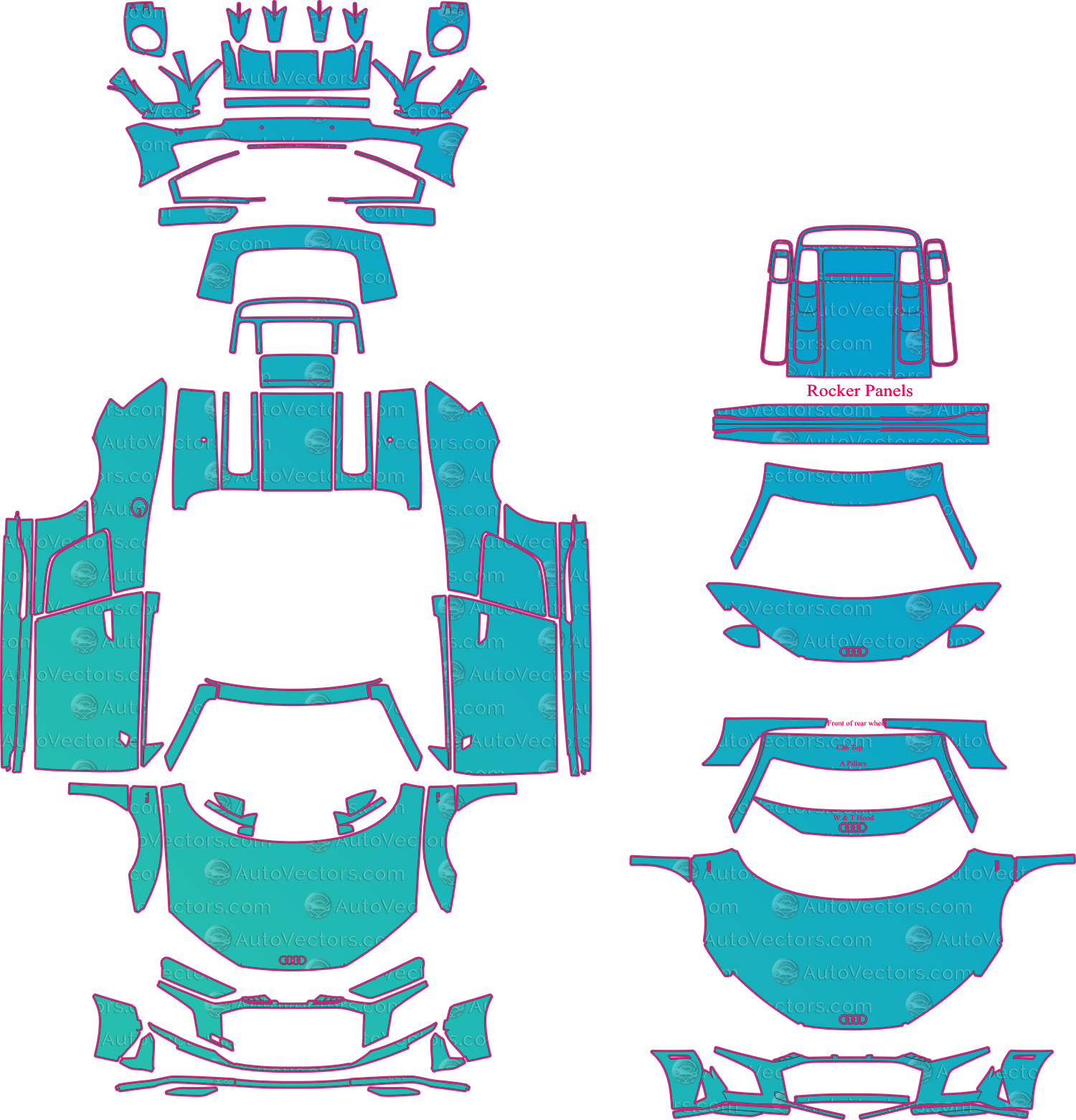 Audi R8 4S V10 (From 2019) Spyder Pre-Cut PPF Pattern Templates – pre-cut PPF pattern templates, digital download vector files (CDR, AI, PDF, DXF, SVG)