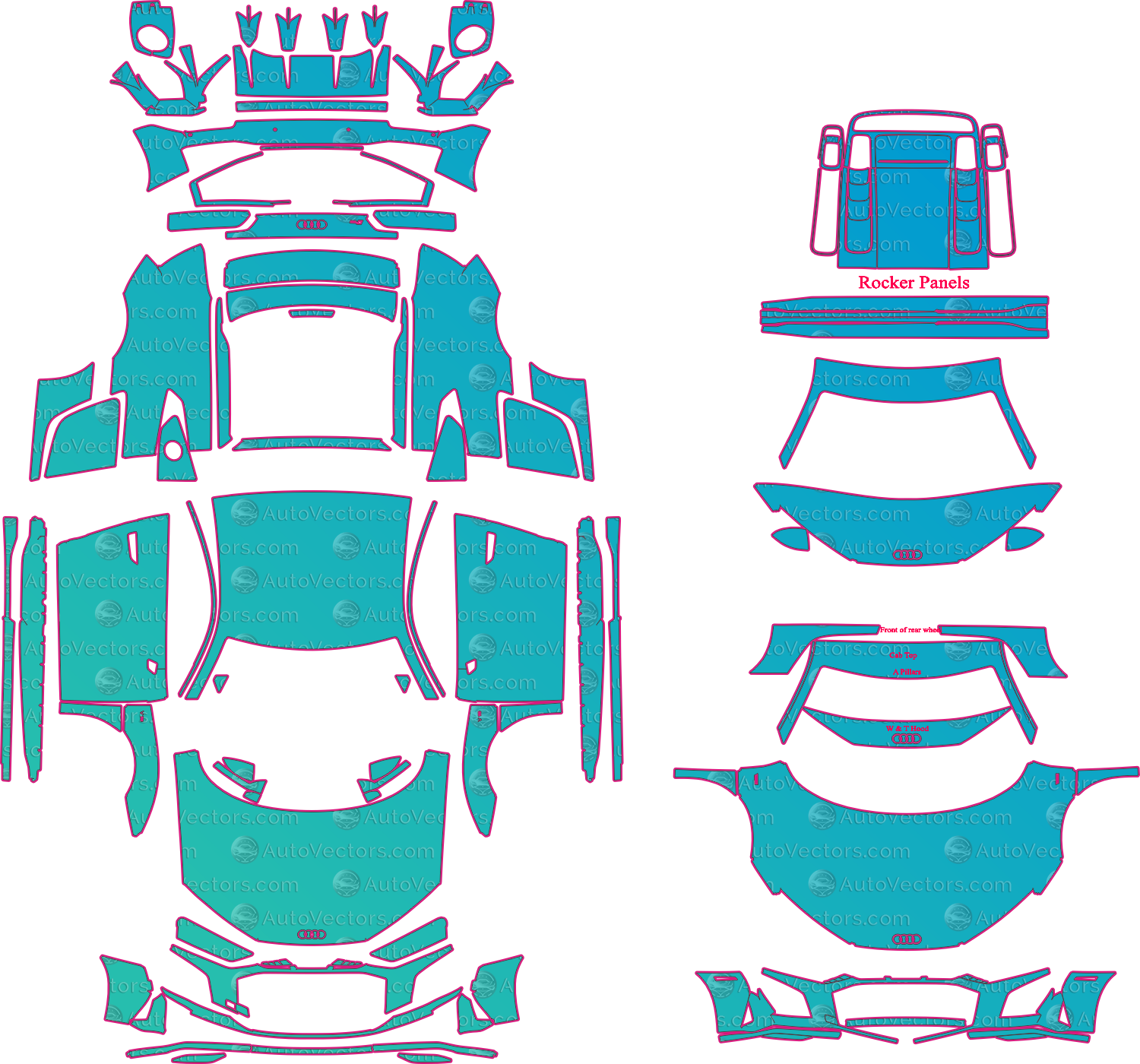 Audi R8 4S V10 Performance (From 2019) Coupe Pre-Cut PPF Pattern Templates – pre-cut PPF pattern templates, digital download vector files (CDR, AI, PDF, DXF, SVG)