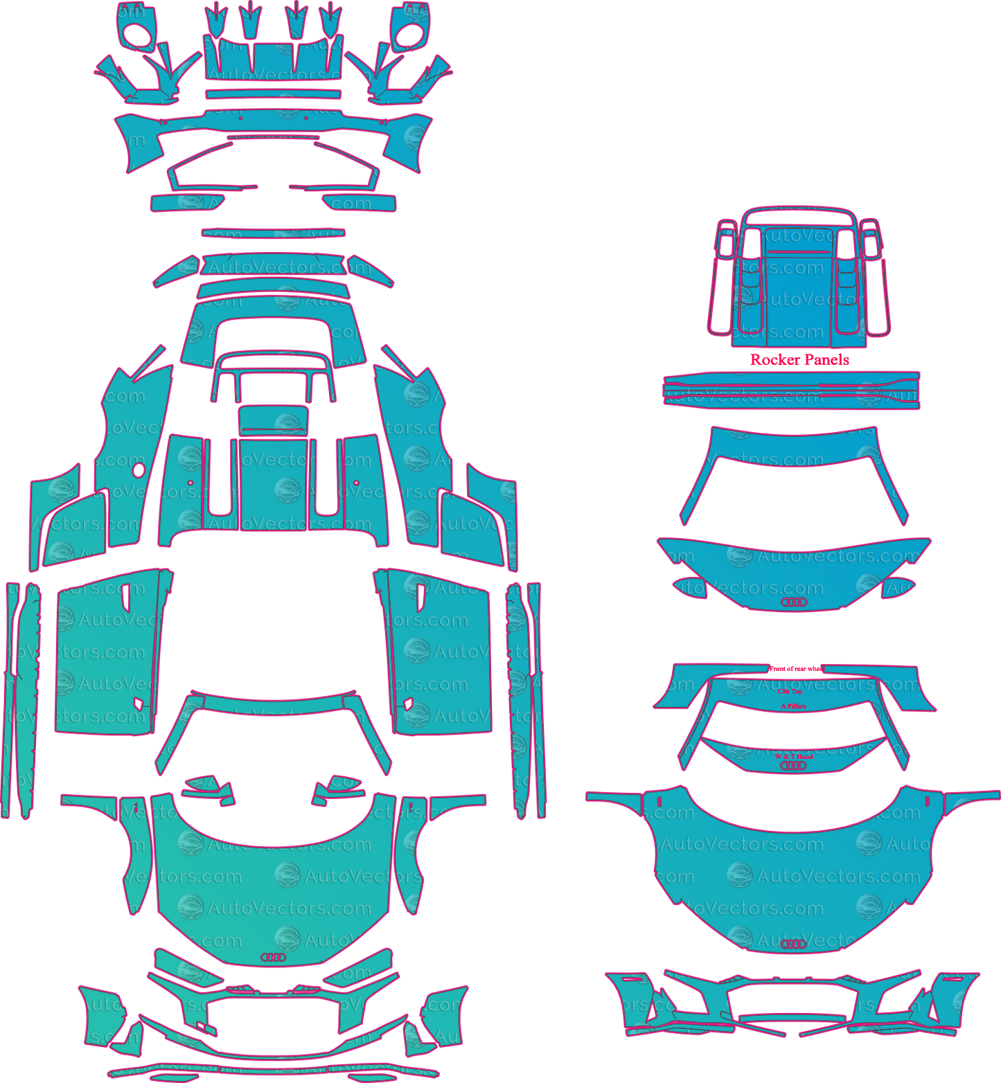 Audi R8 4S V10 Performance (From 2019) Spyder Pre-Cut PPF Pattern Templates – pre-cut PPF pattern templates, digital download vector files (CDR, AI, PDF, DXF, SVG)