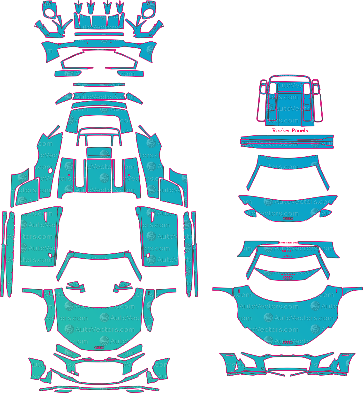 Audi R8 4S V10 Performance (From 2019) Spyder Pre-Cut PPF Pattern Templates – pre-cut PPF pattern templates, digital download vector files (CDR, AI, PDF, DXF, SVG)