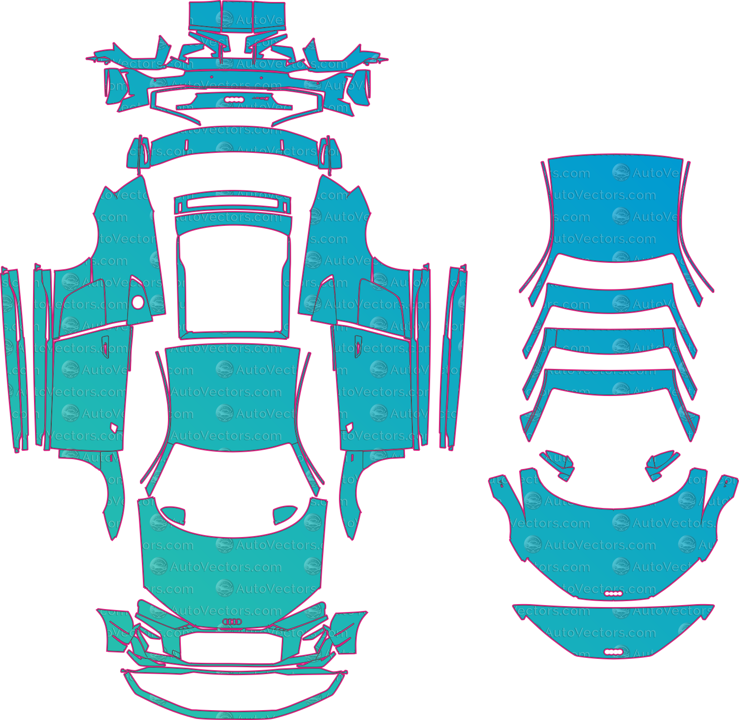 Audi R8 GT 4S Facelift (2023) Coupe Pre-Cut PPF Pattern Templates – pre-cut PPF pattern templates, digital download vector files (CDR, AI, PDF, DXF, SVG)