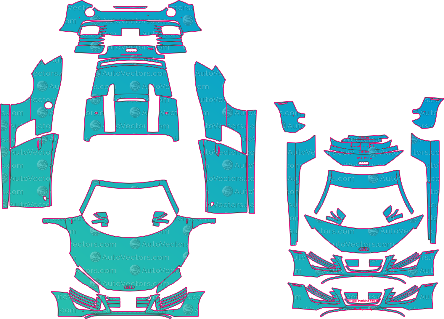 Audi R8 Type 42 V10 (From 2013) Spyder Pre-Cut PPF Pattern Templates – pre-cut PPF pattern templates, digital download vector files (CDR, AI, PDF, DXF, SVG)