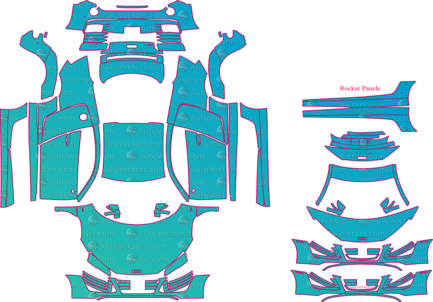 Audi R8 V10 (From 2013) Coupe Pre-Cut PPF Pattern Templates – pre-cut PPF pattern templates, digital download vector files (CDR, AI, PDF, DXF, SVG)