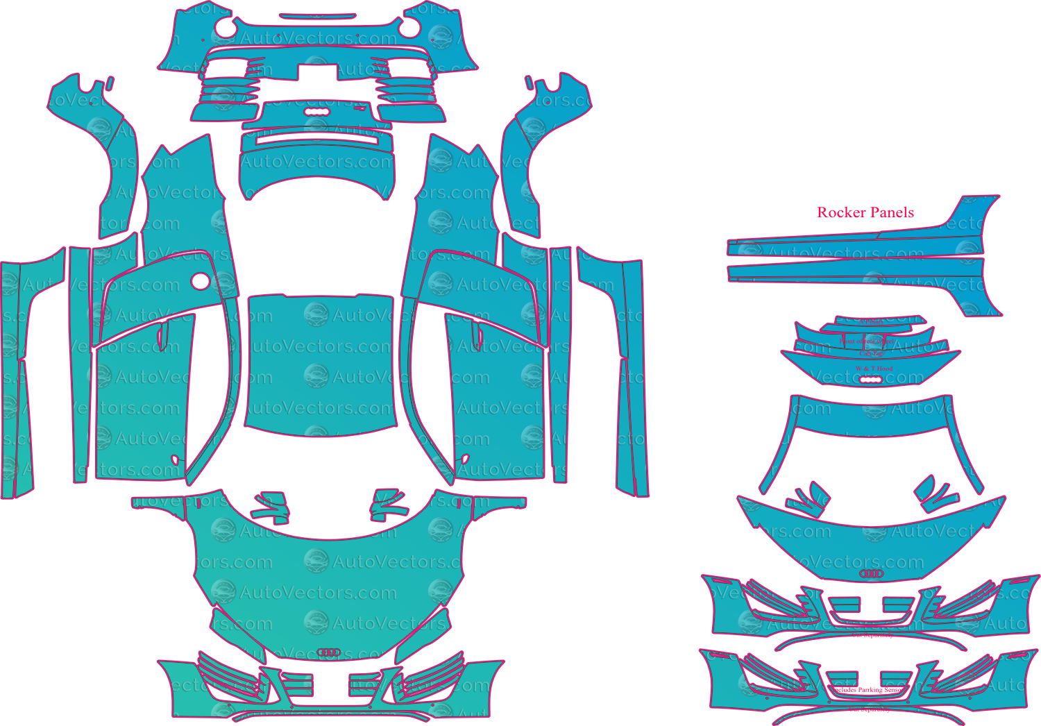 Audi R8 V10 (From 2013) Coupe Pre-Cut PPF Pattern Templates – pre-cut PPF pattern templates, digital download vector files (CDR, AI, PDF, DXF, SVG)