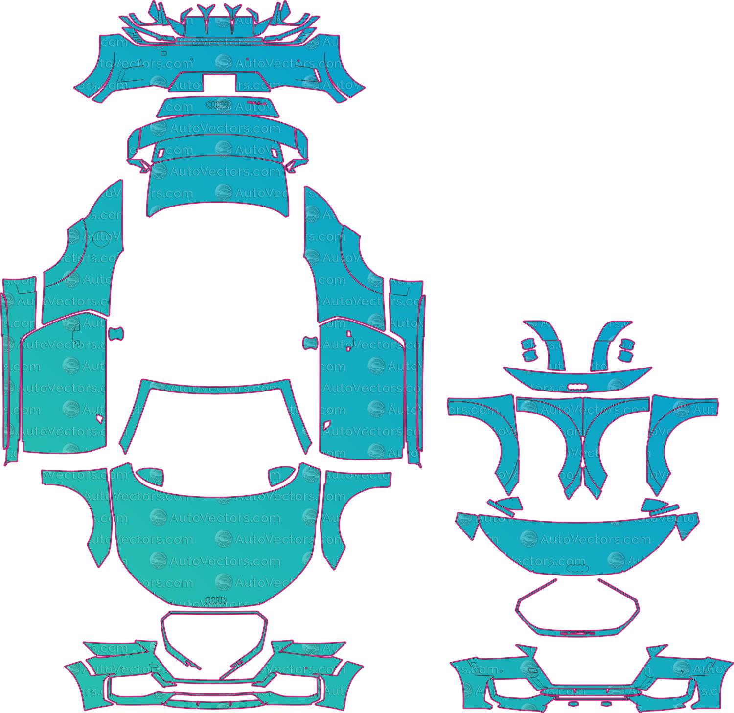Audi TT RS 8S Facelift (2019-2023) Convertible Pre-Cut PPF Pattern Templates – pre-cut PPF pattern templates, digital download vector files (CDR, AI, PDF, DXF, SVG)