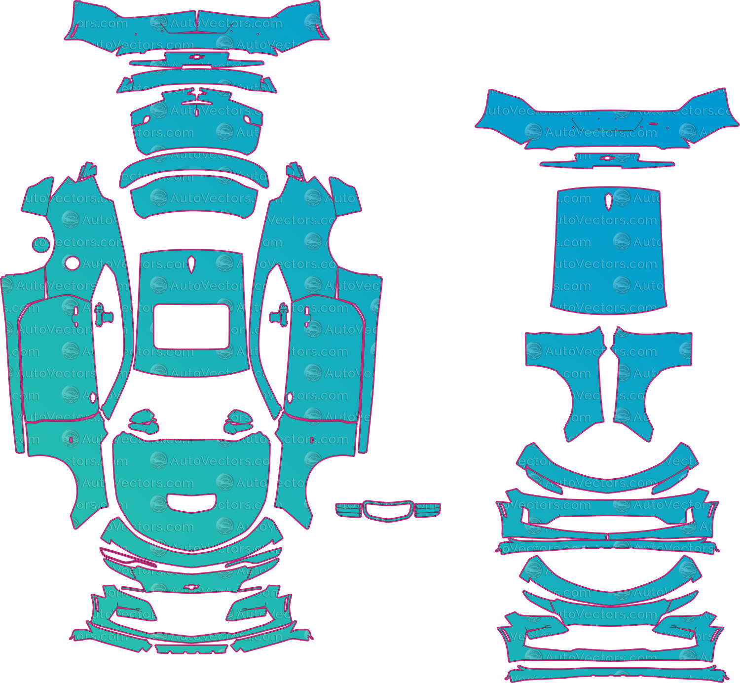 Chevrolet Camaro GM Alpha SS Facelift (2019–2024) Coupe Pre-Cut PPF Pattern Templates – pre-cut PPF pattern templates, digital download vector files (CDR, AI, PDF, DXF, SVG)