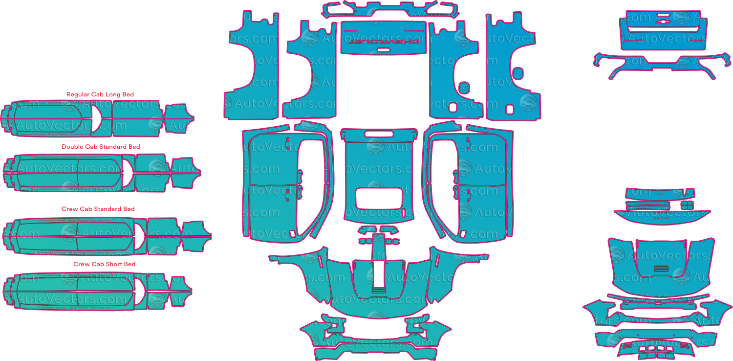 Chevrolet Silverado 1500 Custom Trail Boss (From 2023) Pickup Pre-Cut PPF Pattern Templates – pre-cut PPF pattern templates, digital download vector files (CDR, AI, PDF, DXF, SVG)