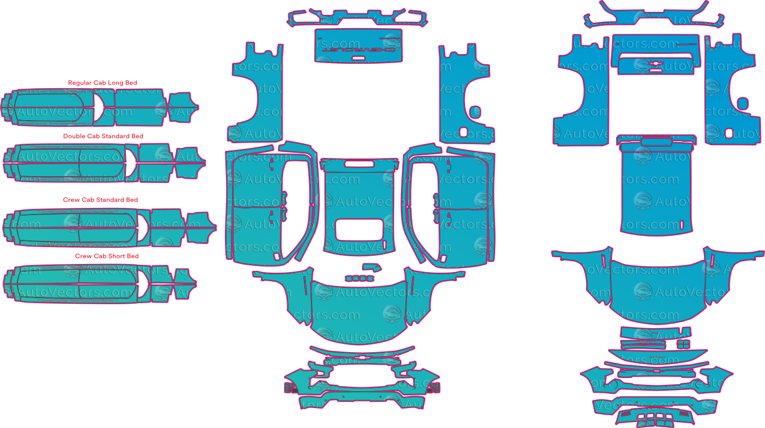 Chevrolet Silverado 1500 LT (From 2023) Pickup Pre-Cut PPF Pattern Templates – pre-cut PPF pattern templates, digital download vector files (CDR, AI, PDF, DXF, SVG)