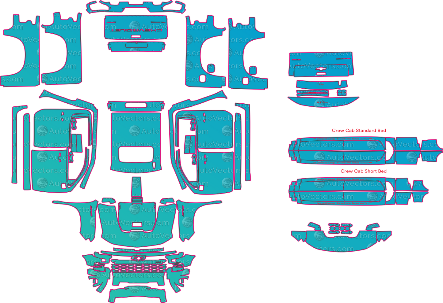 Chevrolet Silverado 1500 ZR2 Crew Cab (From 2022) Pickup Pre-Cut PPF Pattern Templates – pre-cut PPF pattern templates, digital download vector files (CDR, AI, PDF, DXF, SVG)