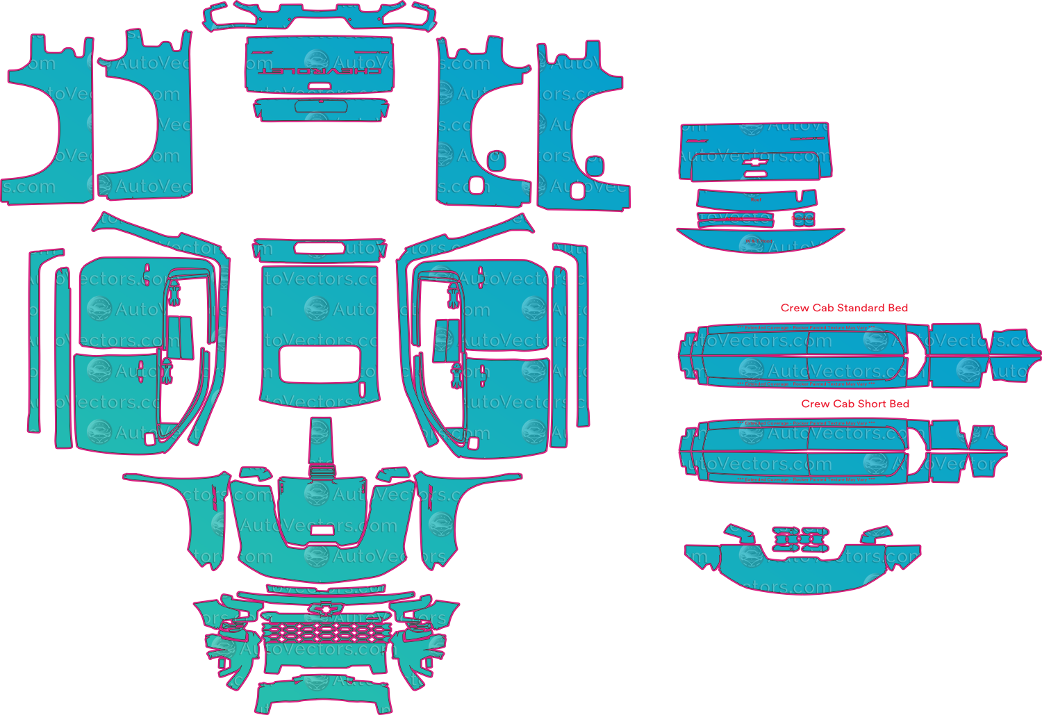 Chevrolet Silverado 1500 ZR2 Crew Cab (From 2022) Pickup Pre-Cut PPF Pattern Templates – pre-cut PPF pattern templates, digital download vector files (CDR, AI, PDF, DXF, SVG)