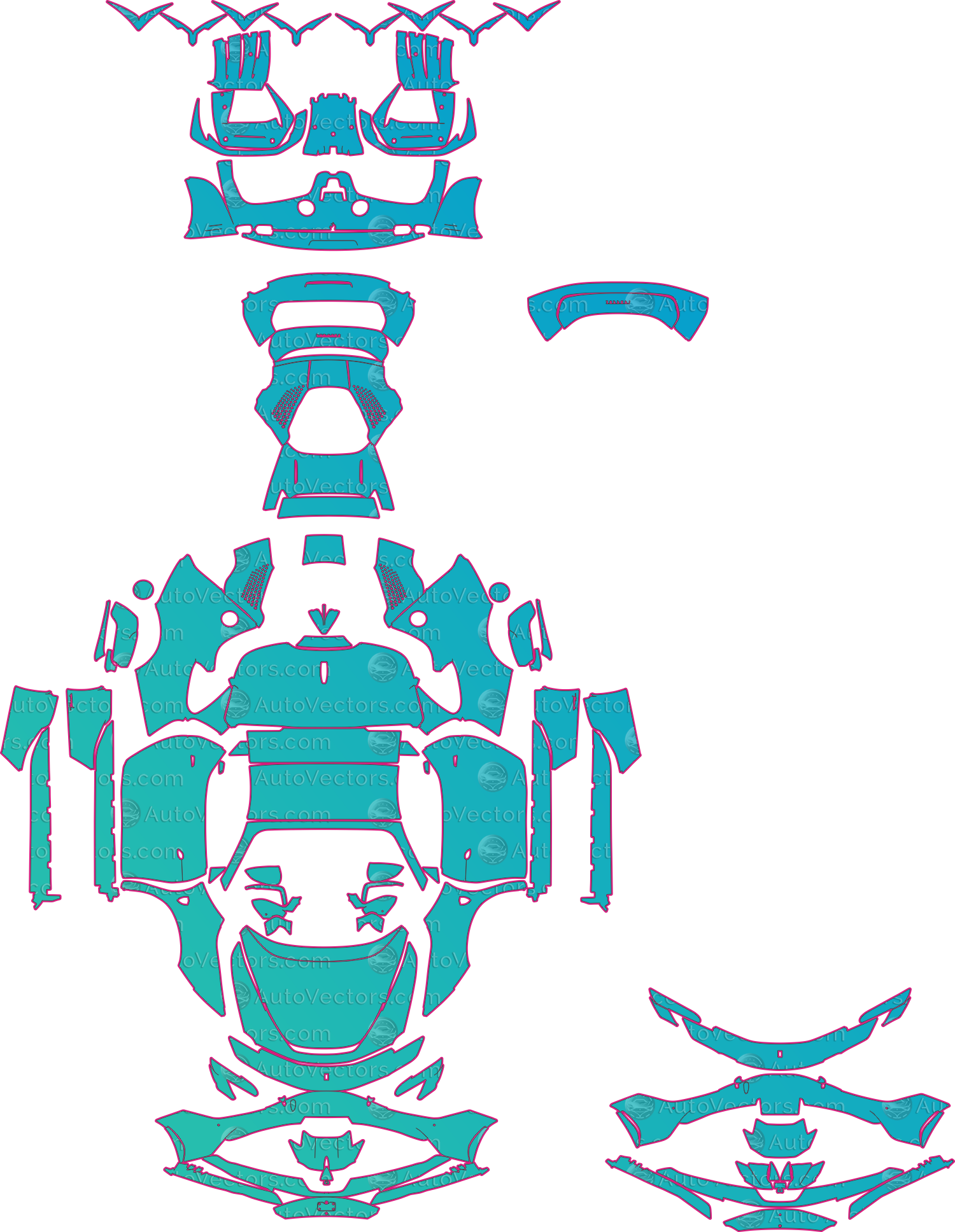 Ferrari SF90 Spider F173 (From 2021) Convertible Pre-Cut PPF Pattern Templates – pre-cut PPF pattern templates, digital download vector files (CDR, AI, PDF, DXF, SVG)