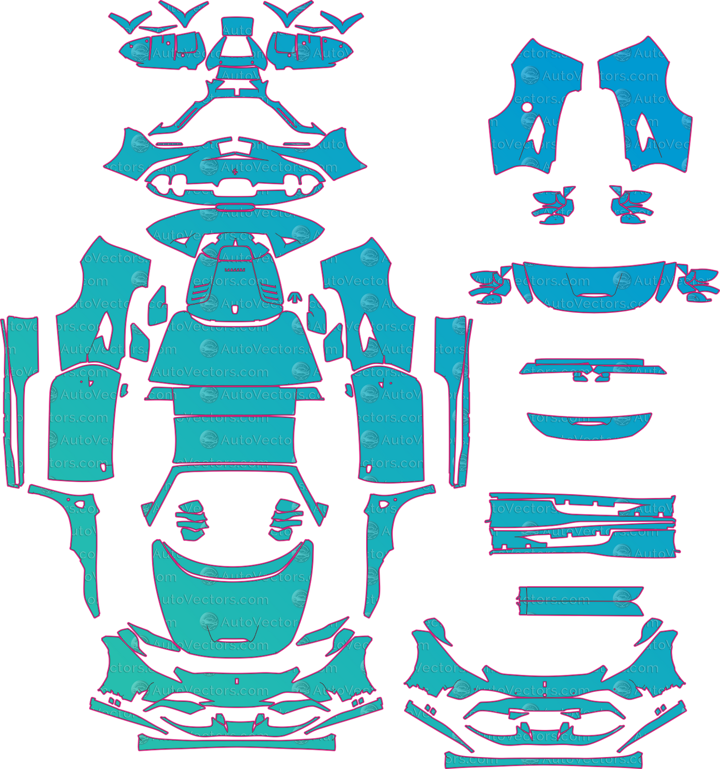 Ferrari F8 Spider F142MFL (From 2020) Convertible Pre-Cut PPF Pattern Templates – pre-cut PPF pattern templates, digital download vector files (CDR, AI, PDF, DXF, SVG)