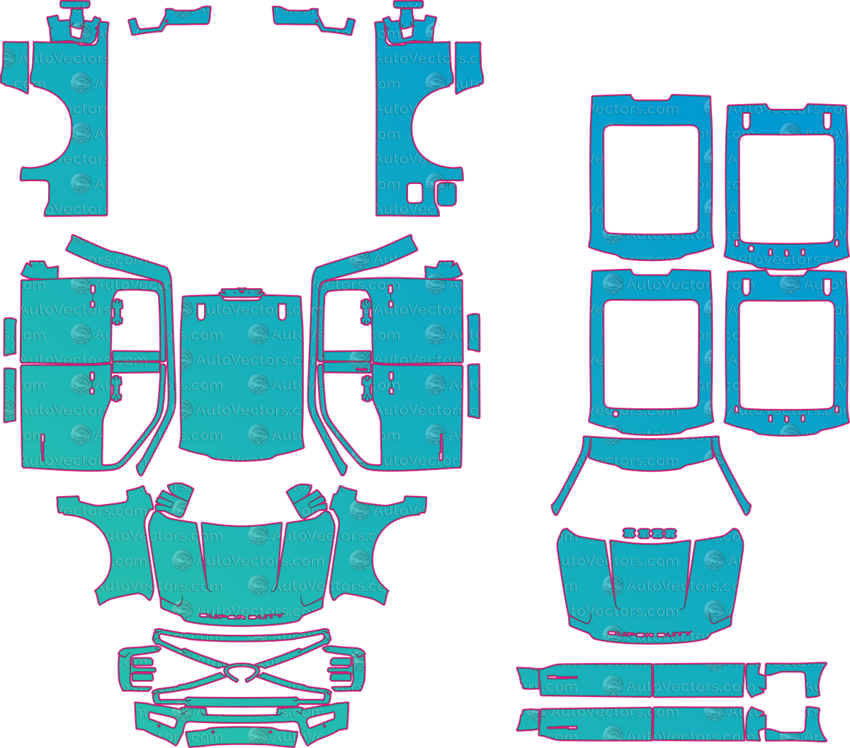 Ford F-350 Platinum Crew Cab (From 2023) Pickup – pre-cut PPF pattern templates, instant digital download vector cut files (CDR, AI, PDF, SVG)