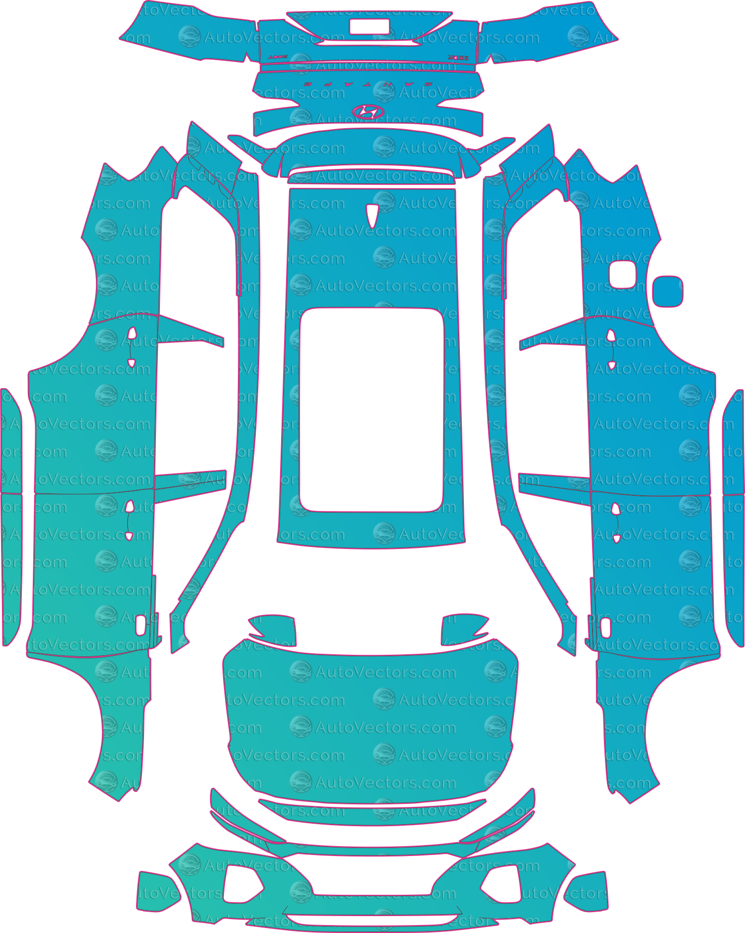 Hyundai Santa Fe TM Base (From 2019) SUV – pre-cut PPF pattern templates, instant digital download vector cut files (CDR, AI, PDF, SVG)
