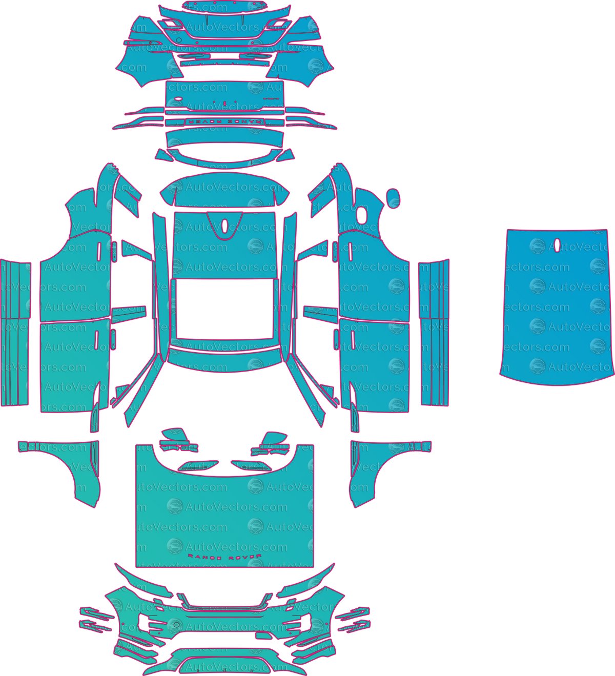 Land Rover Range Rover Evoque L551 R-Dynamic SE (From 2020) SUV – pre-cut PPF pattern templates, instant digital download vector cut files (CDR, AI, PDF, SVG)
