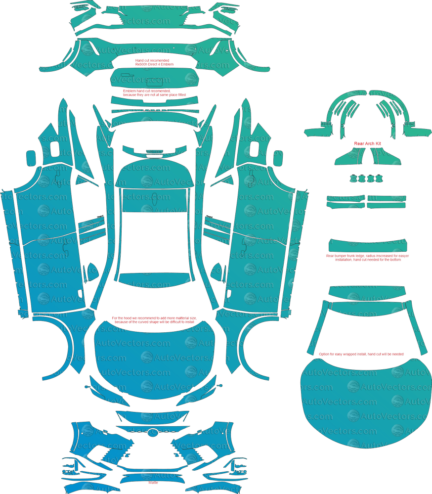 Lexus RX 500h+ F Sport, DIRECT4 XA50 (From 2023) SUV pre-cut PPF vector template download