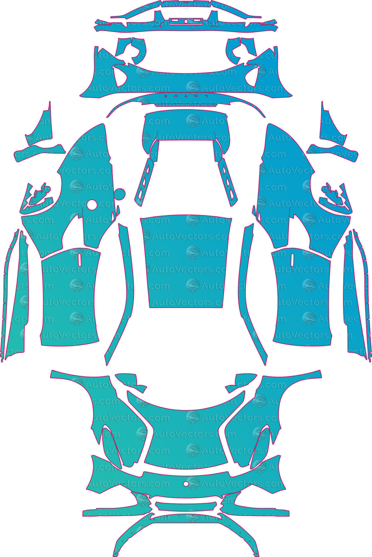 Lotus Emira Base (From 2023) Coupe – pre-cut PPF pattern templates, instant digital download vector cut files (CDR, AI, PDF, SVG)
