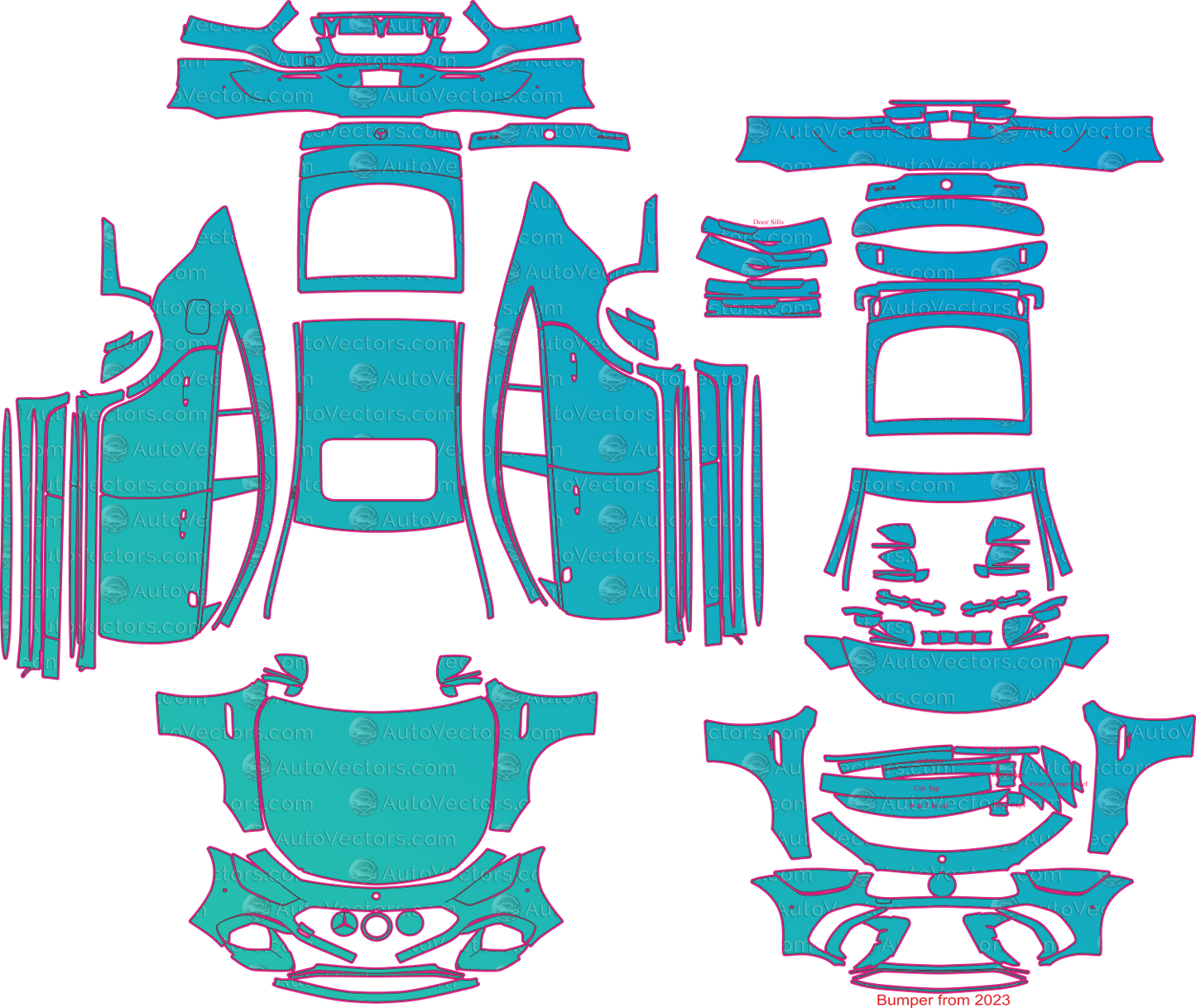 Mercedes-Benz AMG GT 43 4-Door X290 LCI (2022) Coupe Pre-Cut PPF Pattern Templates – pre-cut PPF pattern templates, digital download vector files (CDR, AI, PDF, DXF, SVG)
