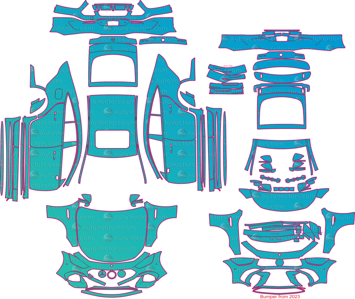 Mercedes-Benz AMG GT 43 4-Door X290 LCI (2022) Coupe Pre-Cut PPF Pattern Templates – pre-cut PPF pattern templates, digital download vector files (CDR, AI, PDF, DXF, SVG)
