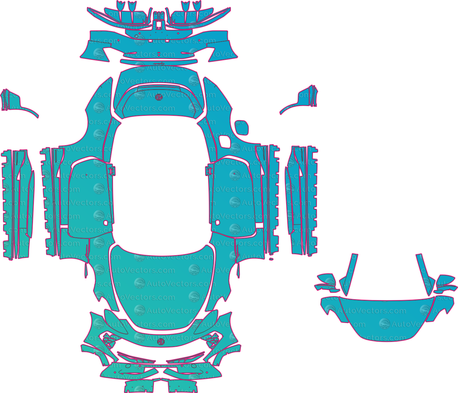 MG Cyberster EC32 (From 2024) Convertible Pre-Cut PPF Pattern Templates – pre-cut PPF pattern templates, digital download vector files (CDR, AI, PDF, DXF, SVG)