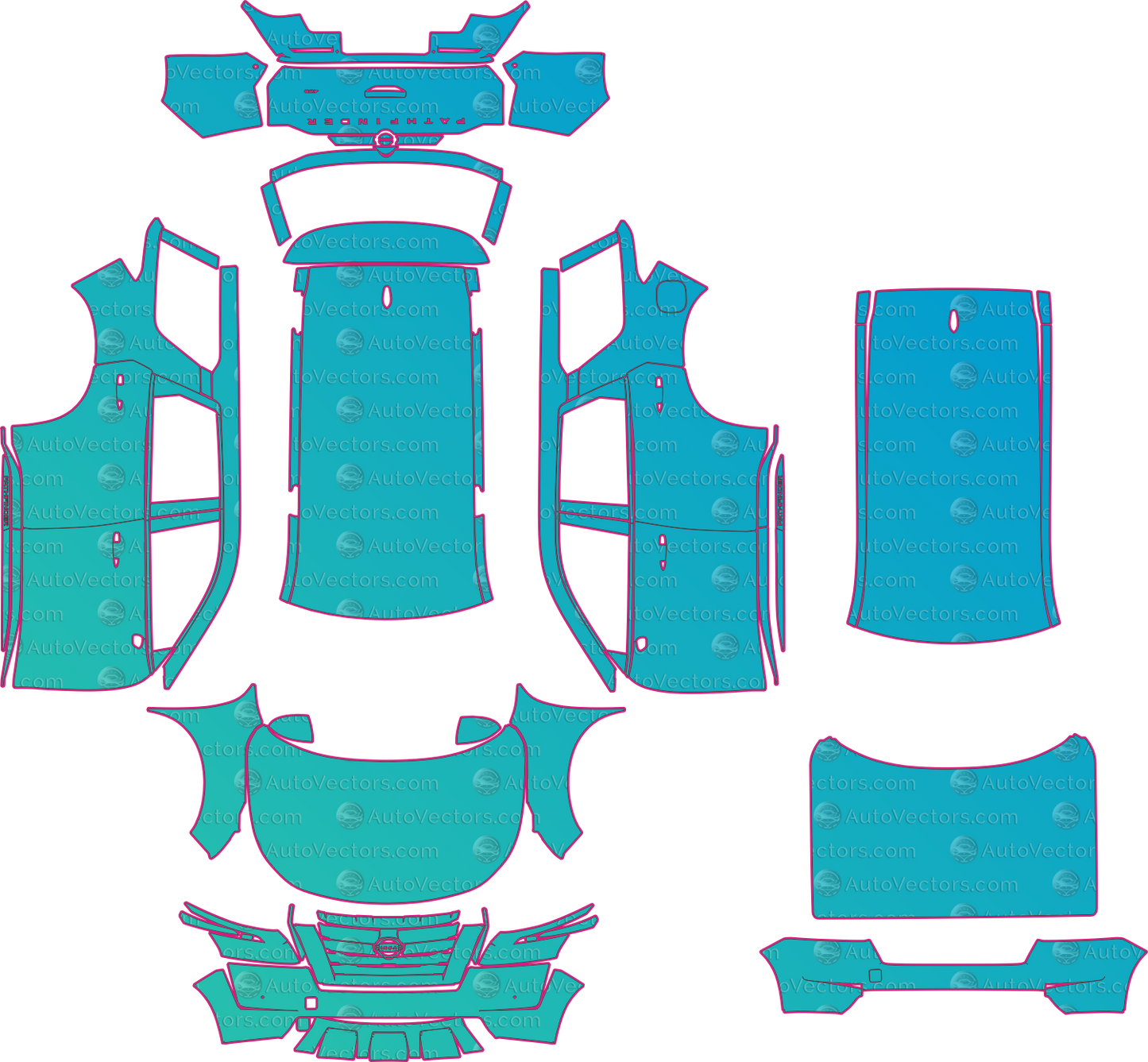 Nissan Pathfinder R53 Platinum-SL-SV-S (From 2022) SUV – pre-cut PPF pattern templates, instant digital download vector cut files (CDR, AI, PDF, SVG)