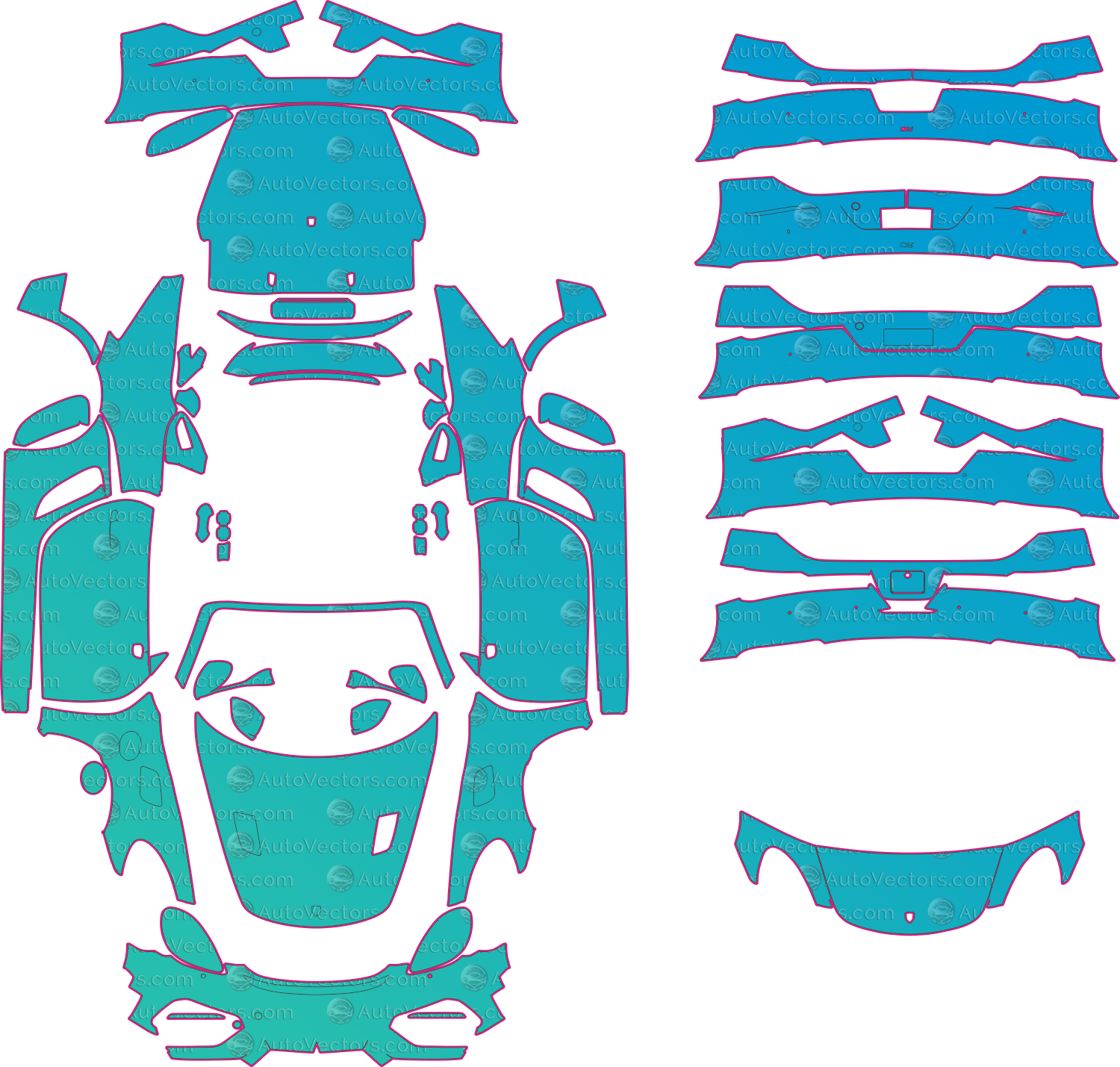 Porsche 718 Spyder RS 982 (From 2023) Convertible Pre-Cut PPF Pattern Templates – pre-cut PPF pattern templates, digital download vector files (CDR, AI, PDF, DXF, SVG)