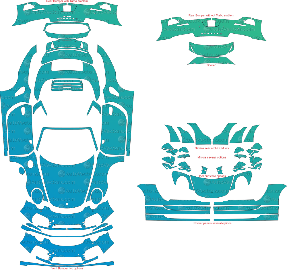 Porsche 911 (991.1) Turbo, Turbo S (2014 - 2016) Cabriolet pre-cut PPF vector template download